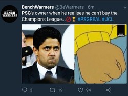 Pemilik PSG, Nasser Al-Khelaifi, pasti geram bukan main melihat timnya babak belur dari Real Madrid. (Foto: Twitter @BeWarmers)