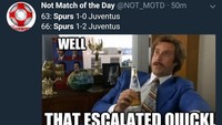 Ya, siapa yang sangka Spurs bakal kebobolan dua gol dengan cepat? Di menit ke-64 dan 67. (Foto: Twitter @NOT_MOTD)