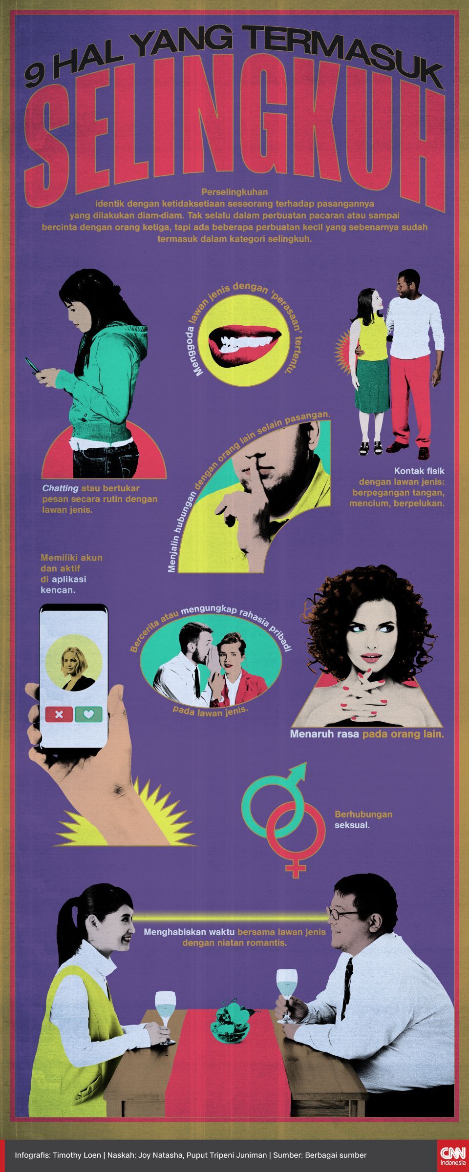 Perselingkuhan identik dengan ketidaksetiaan seseorang terhadap pasangannya yang dilakukan diam-diam. Tak selalu dalam perbuatan pacaran atau sampai bercinta dengan orang ketiga, tapi ada beberapa perbuatan kecil yang sebenarnya sudah termasuk dalam kategori selingkuh.