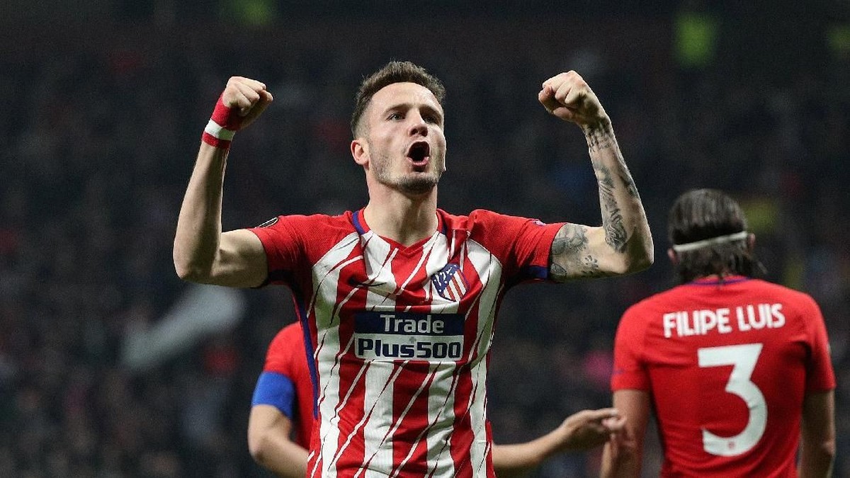 Gelandang Atletico Madrid Saul Niguez saat merayakan golnya ke gawang Lokomotiv Moskow. (Foto: Sergio Perez/Reuters)
