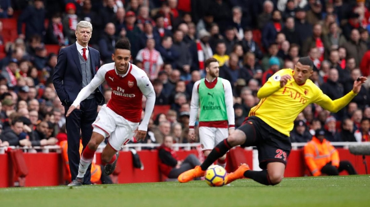 Pierre-Emerick Aubameyang (kiri) di laga Arsenal vs Watford akhir pekan lalu. (Foto: Eddie Keogh/REUTERS)