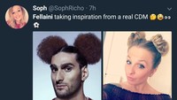 Atau jangan-jangan Fellaini bukan terinspirasi Mickey Mouse, tapi foto seorang model yang rambutnya dikuncir dua seperti itu. (Foto: Twitter @SophRico)