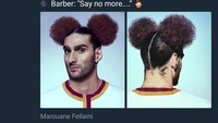 Mungkin begini percakapan antara Fellaini dengan tukang cukurnya saat merekomendasikan gaya rambutnya. (Foto: Twitter @Sporf)