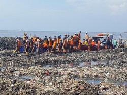 Petugas yang Tetap Happy Bersihkan Sampah di Teluk Jakarta