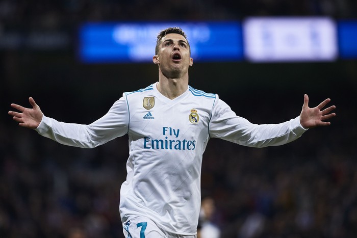MADRID, SPAIN - MARCH 18: Cristiano Ronaldo of Real Madrid CF celebrates scoring their second goal during the La Liga match between Real Madrid CF and Girona FC at Estadio Santiago Bernabeu on March 18, 2018 in Madrid, Spain. (Photo by Gonzalo Arroyo Moreno/Getty Images)