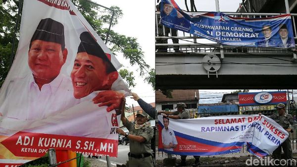 Satpol PP Turunkan Spanduk Gerindra-PD-Perindo di Cempaka Putih