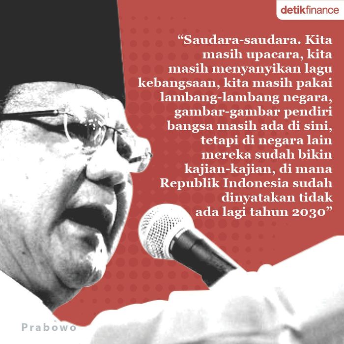 Prabowo Subianto pada pidato politik Ketua Umum Gerindra yang diunggah ke laman Facebook, 2018 (Ilustrasi oleh Mindra Purnomo)