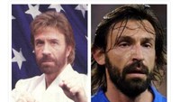 Kendatipun di awal karier tampil klimis, Andrea Pirlo lantas lebih rutin tampil dengan brewok. Hal itu turut membuatnya jadi amat mirip dengan aktor laga Chuck Norris. (Foto: Internet)