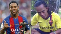 Pada masa jayanya Ronaldinho pernah menyihir dunia sepakbola berkat kepiawaiannya mengolah si kulit bundar. Di era keemasan Ronaldinho itu pula sosok Ronaldikin dari Bandung ikut naik daun sebagai kembarannya. (Foto: Olahan Pau Barrena/AFP/dok. detikSport).