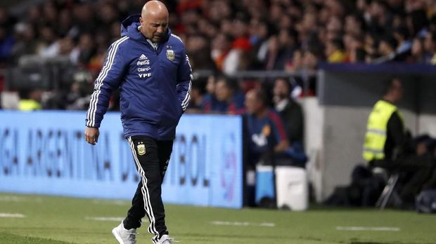 Pelatih timnas Argentina Jorge Sampaoli, di stadion Wanda Metropolitano, Madrid, Spanyol, 27 Maret.