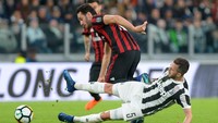 Ac Milan mulai bangkin menekan. Namun, salah satu upaya serangan dari Hakan Calhanoglu berhasil dihentikan Miralem Pjanic. (Foto: Massimo Pinca/Reuters)