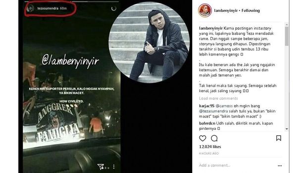 Unggahan Teza Sumendra melalui Instagram yang membuat The Jakmania marah.