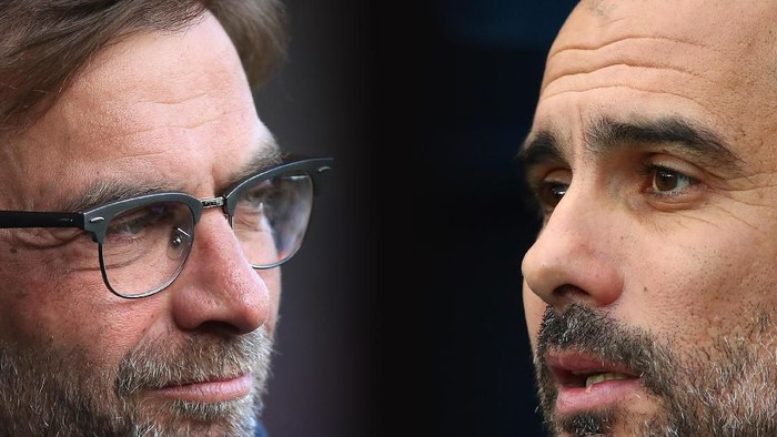 FILE PHOTO (EDITORS NOTE: GRADIENT ADDED - COMPOSITE OF TWO IMAGES - Image numbers (L) 531578890 and 899524772) In this composite image a comparison has been made between Jurgen Klopp, Manager of Liverpool (L) and Manchester City manager Josep Guardiola. Liverpool and Manchester City have been drawn together in the Champions League Quarter Finals of the 2017/18 season.   ***LEFT IMAGE*** WEST BROMWICH, ENGLAND - MAY 15: Jurgen Klopp, manager of Liverpool looks on during the Barclays Premier League match between West Bromwich Albion and Liverpool at The Hawthorns on May 15, 2016 in West Bromwich, England. (Photo by Ben Hoskins/Getty Images) ***RIGHT IMAGE*** MANCHESTER, ENGLAND - DECEMBER 23: Manchester City manager Josep Guardiola looks on during the Premier League match between Manchester City and AFC Bournemouth at Etihad Stadium on December 23, 2017 in Manchester, England. (Photo by Clive Brunskill/Getty Images)