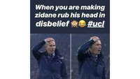 Saking luar biasanya gol Ronaldo, pelatih Real Madrid Zinedine Zidane sampai terkejut dan memegangi kepalanya. (Foto: Instagram)