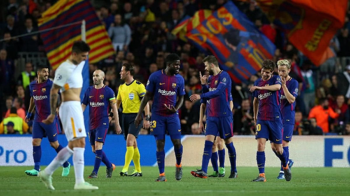 Barcelona sukses mengalahkan AS Roma 4-1 di leg pertama perempatfinal Liga Champions. (Foto: Albert Gea/Reuters)