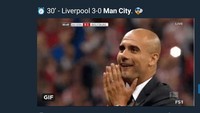 Bertanding di Anfield, Kamis (5/4/2018) dini hari WIB, City langsung tertinggal 0-3 dari Liverpool. Tentu hasil yang tak disangka-sangka manajer City Pep Guardiola. (Foto: Twitter @FootballVines)