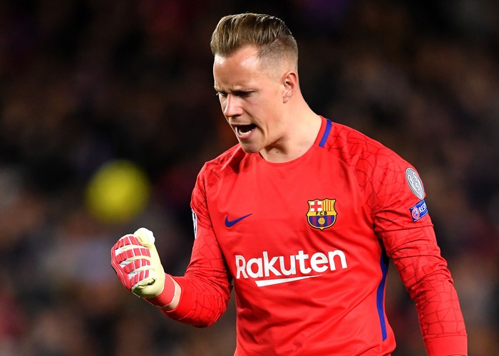 BARCELONA, SPAIN - APRIL 04:  Marc-Andre ter Stegen of Barcelona celebrates his sides first goal during the UEFA Champions League Quarter Final Leg One match between FC Barcelona and AS Roma at Camp Nou on April 4, 2018 in Barcelona, Spain.  (Photo by Stuart Franklin/Getty Images)