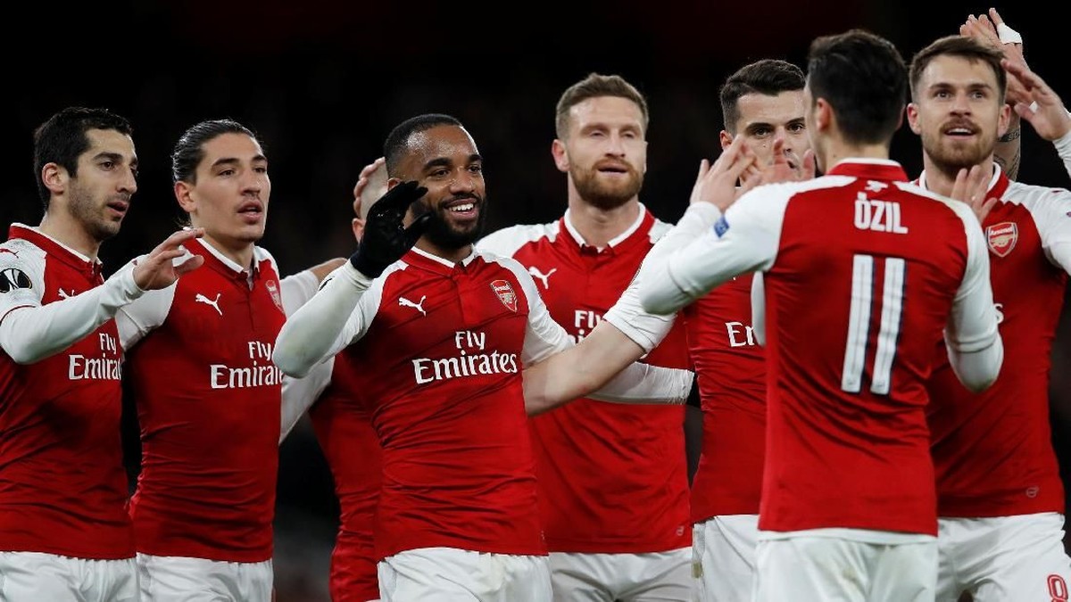 Pemain Arsenal merayakan gol ke gawang CSKA Moskow di leg pertama perempatfinal Liga Europa. (Foto: Eddie Keogh/Reuters)