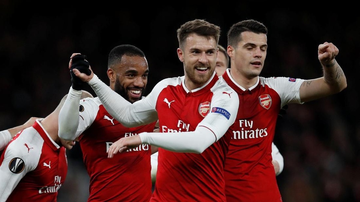 Aaron Ramsey dan Alexandre Lacazette masing-masing menyumbangkan dua gol untuk Arsenal ke gawang CSKA Moskow (Foto: Eddie Keogh/Reuters)