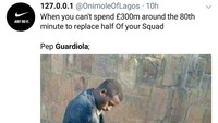 Guardiola jelas pusing melihat lini belakangnya masih bisa ditembus meski sudah menghabiskan banyak dana untuk membuatnya lebih kuat di awal musim. (Foto: Twitter @OnimoleOfLagos)