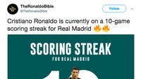 Ronaldo juga selalu mencetak gol di 10 pertandingan terakhirnya di seluruh kompetisi. (Istimewa)