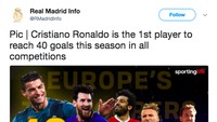 Ronaldo jadi pemain tertajam sementara musim ini dengan 40 gol di Eropa, mengungguli Lionel Messi, Mohamed Salah, Ciro Immobile, dan Harry Kane. (Istimewa)