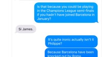 Begini percakapan rekaan Coutinho dengan mantan rekannya di Liverpool, James Milner. Foto: Twitter