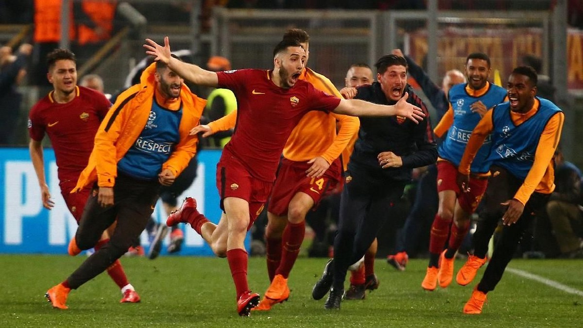 Kostas Manolas merayakan gol ketiga AS Roma ke gawang Barcelona (Foto: Tony Gentile/Reuters)