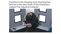 Coutinho boleh jadi kini meratapi diri sembari menyaksikan mantan rekan-rekannya di Liverpool berpesta merayakan kelolosan ke semifinal. (Foto: Screenshot Twitter)
