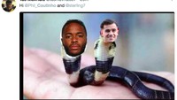Coutinho, bersama Raheem Sterling yang juga mantan punggawa Liverpool dan pindah ke City, digambarkan seperti ular yang culas. Foto: Twitter