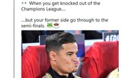 Ada satu orang yang jadi sasaran olok-olok, dia tak lain adalah Philippe Coutinho. Coutinho meninggalkan Liverpool untuk gabung Barcelona demi trofi-trofi bergengsi, salah satunya tentu Liga Champions. Nyatanya Liverpool lolos, Barcelona malah tersingkir. (Foto: Screenshot Twitter)