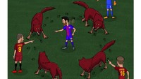 Sementara meme dari Bleacher Report ini menyororoti ketidakberdayaan Messi untuk unjuk gigi di bawah kepungan serigala-serigala kota Roma. (Foto: Internet)