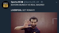 Khusus untuk Salah, pemain asal Mesir itu akan menghadapi bekas klubnya musim lalu. Tuh, dapat salam dari Salah tuh Roma, mantan pemainmu yang kini sudah mencetak 39 gol di semua kompetisi. (Foto: Twitter @SportsJOE_UK)
