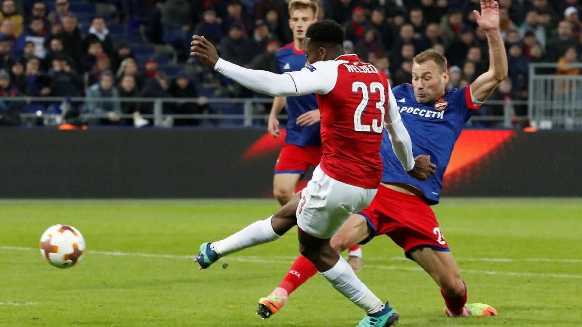 Danny Welbeck mencetak gol pertama Arsenal ke gawang CSKA Moskow (Foto: Grigory Dukor/Reuters)