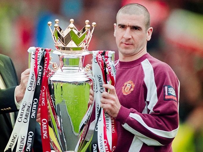 MANCHESTER, UNITED KINGDOM - MAY 11:  Manchester United striker Eric Cantona with the FA Carling Premiership trophy after the match against West Ham United at Old Trafford on May 11, 1997 in Manchester, England. (Photo by Shaun Botterill/Allsport/Getty Images)