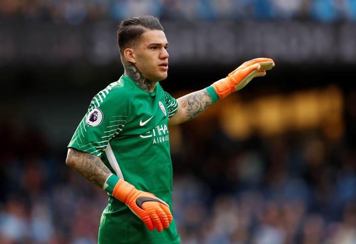 Soccer Football - Premier League - Manchester City v Swansea City - Etihad Stadium, Manchester, Britain - April 22, 2018   Manchester Citys Ederson          Action Images via Reuters/Lee Smith    EDITORIAL USE ONLY. No use with unauthorized audio, video, data, fixture lists, club/league logos or 