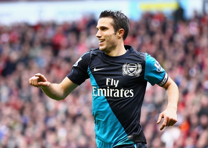 Robin van Persie LIVERPOOL, ENGLAND - MARCH 03: Robin van Persie of Arsenal celebrates scoring the equalising goal during the Barclays Premier League match between Liverpool and Arsenal at Anfield on March 3, 2012 in Liverpool, England. (Photo by Clive Mason/Getty Images)