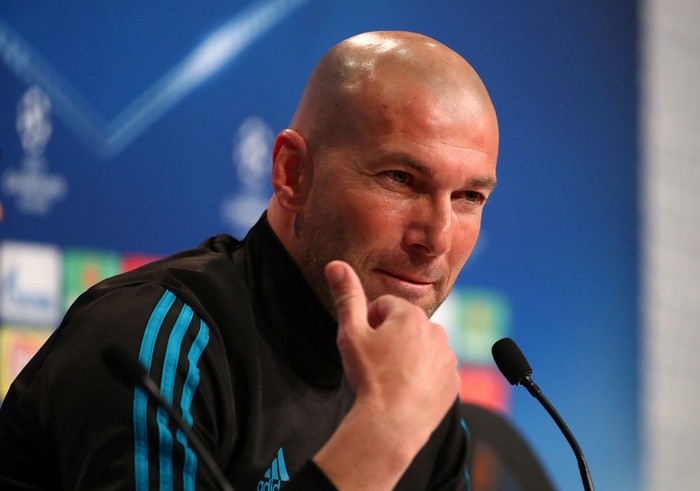 Soccer Football - Champions League - Real Madrid Press Conference - Allianz Arena, Munich, Germany - April 24, 2018   Real Madrid coach Zinedine Zidane during the press conference   REUTERS/Michael Dalder