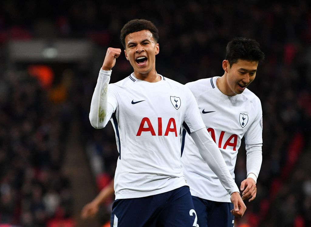 Soccer Football - Premier League - Tottenham Hotspur v Watford - Wembley Stadium, London, Britain - April 30, 2018   Tottenham's Dele Alli celebrates scoring their first goal with Son Heung-min   REUTERS/Dylan Martinez    EDITORIAL USE ONLY. No use with unauthorized audio, video, data, fixture lists, club/league logos or 