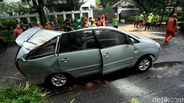 Mobil Ringsek Tertimpa Pohon di Kebayoran Baru