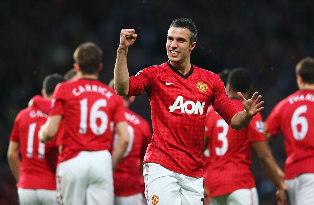 MANCHESTER, ENGLAND - APRIL 22:  Robin van Persie of Manchester United celebrates scoring the opening goal during the Barclays Premier League match between Manchester United and Aston Villa at Old Trafford on April 22, 2013 in Manchester, England.  (Photo by Alex Livesey/Getty Images)