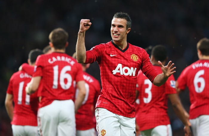 Robin van Persie MANCHESTER, ENGLAND - APRIL 22: Robin van Persie of Manchester United celebrates scoring the opening goal during the Barclays Premier League match between Manchester United and Aston Villa at Old Trafford on April 22, 2013 in Manchester, England. (Photo by Alex Livesey/Getty Images)