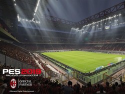 Konami mengklaim mereka memiliki lebih banyak liga, stadion, klub yang berlisensi resmi. Ini adalah San Siro, kandang AC Milan dan Inter Milan (Pro Evolution Soccer)