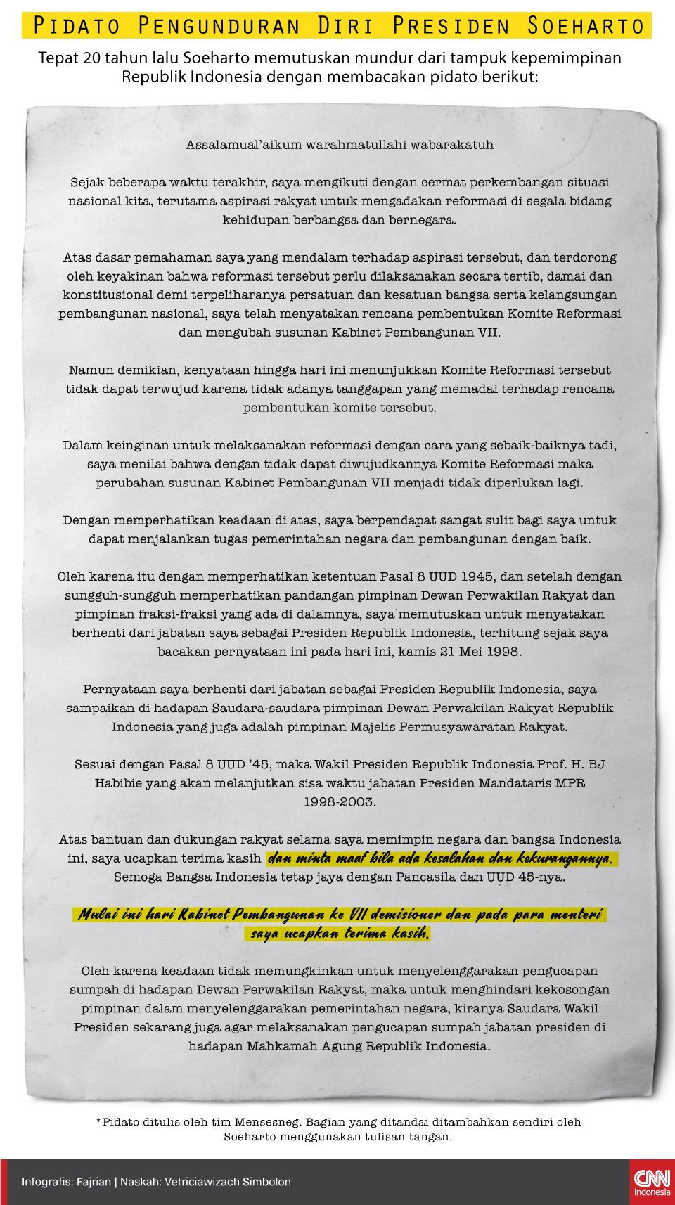 Tepat 20 tahun lalu Soeharto memutuskan mundur dari tampuk kepemimpinan Republik Indonesia dengan membacakan pidato berikut: