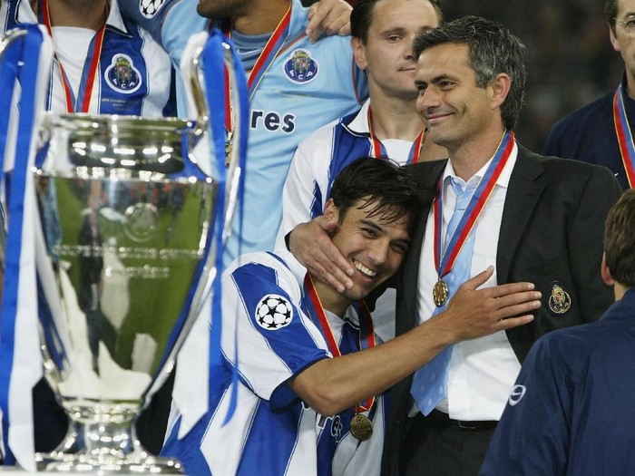 GELSENKIRCHEN, GERMANY - MAY 26:  Nuno Valente of FC Porto hugs his manager Jose Dos Santos Mourinho after winning the Champions League during the UEFA Champions League Final match between AS Monaco and FC Porto at the AufSchake Arena on May 26, 2004 in Gelsenkirchen, Germany.  (Photo by Alex Livesey/Getty Images)