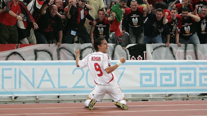 Man of The Match, Filippo Inzaghi Filippo Inzaghi (#9) of Milan celebrates in front of the fans after scoring the opening goal during the UEFA Champions League Final match between Liverpool and AC Milan at the Olympic Stadium on May 23, 2007 in Athens, Greece. (Photo by Laurence Griffiths/Getty Images)