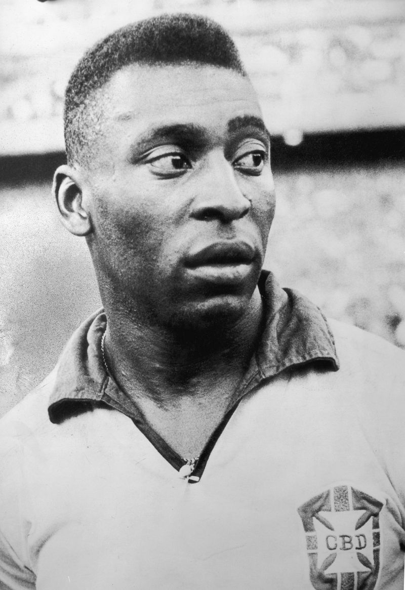 Brazilian footballer Pele (Edson Arantes do Nascimento) at the warm-up match against Scotland at Hampden Park in the 1966 World Cup. (Photo by Central Press/Getty Images)