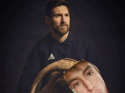 Ini salah satu contohnya, foto kambing yang bersama Messi diedit menjadi berwajah manusia. Lucu atau serem nih kira-kira? (Foto: Twitter @mlares75_y)