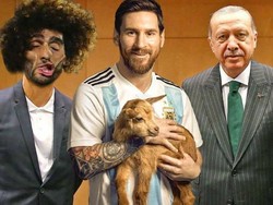 Kalau ini adalah pose Messi menggendong kambing didampingi Marouane Fellaini dengan ekspresi viralnya yang terkena bola dan Presiden Turki Recep Tayyip Erdogan. (Foto: Twitter @fums_magazin)