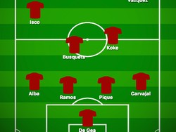 Punya stok pemain oke, Spanyol pun bisa memainkan adaptasi 4-4-2 asimetris ini. Koke dan Busquets akan berjibaku di tengah, Isco menusuk lewat kiri, Lucas Vazquez menyatroni sisi kanan, dan Iago Aspas jadi second striker. (Foto: buildlineup.com)